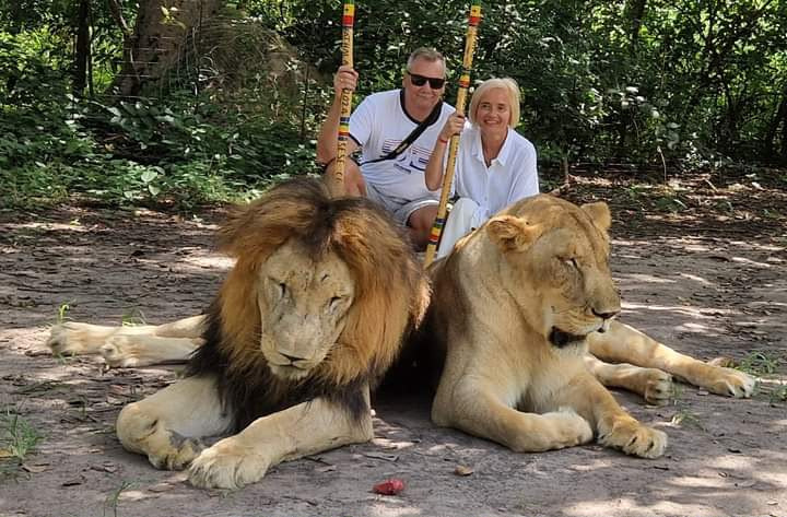 Pareja de viajeros con un león y una leona en Fathala