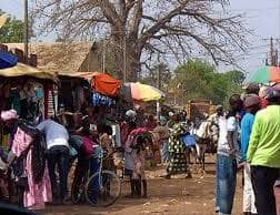 Calle animada de un mercado de pueblo, con una carreta y un baobab
