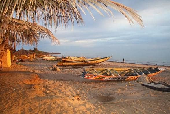Piraguas en una playa de la Petite Côte bajo las palmeras