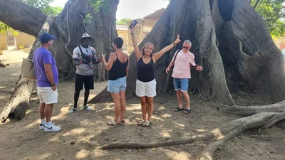 Viajeros al pie de un árbol gigante